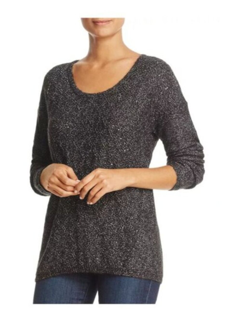 NYDJ Black Sequin Embellished Scoop Neck Pullover Tweed Knit Sweater L NWT